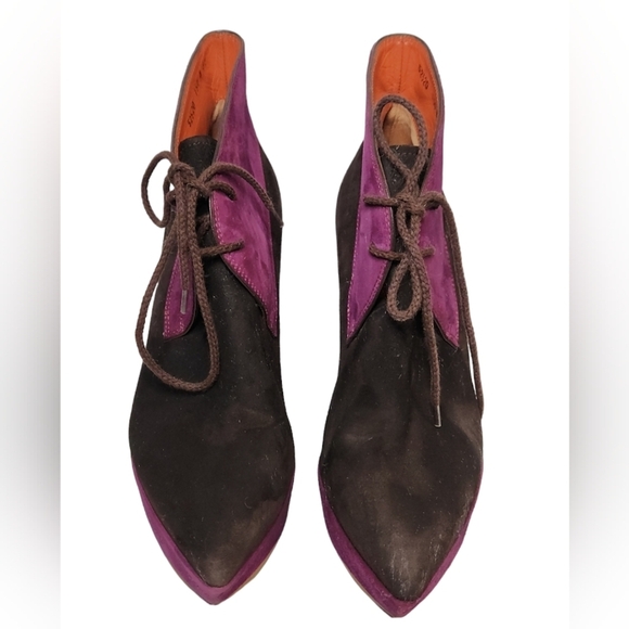 Santoni Rose Collection Lace Up Platform Ankle Boots Purple & Brown Suede SZ 39 - Picture 10 of 11